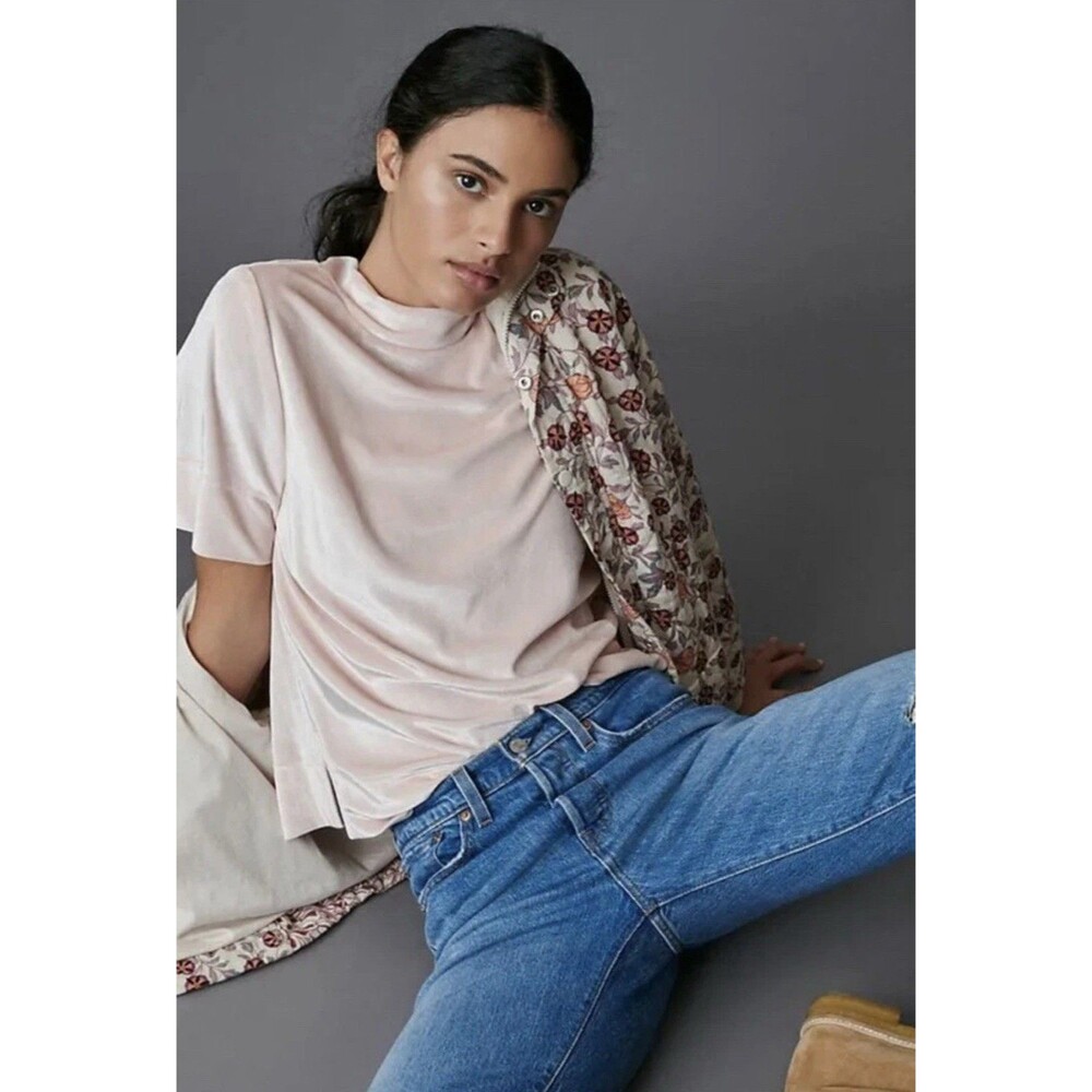 Anthropologie Krisha Velvet Mock Neck Short Sleeve Top Light Pink Blush Women S - Picture 1 of 8